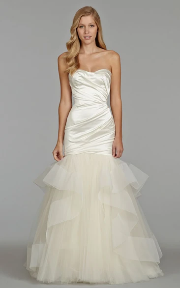 Glamorous Asymmetrical Ruched Satin Bodice Tulle Dress With Sheer Back