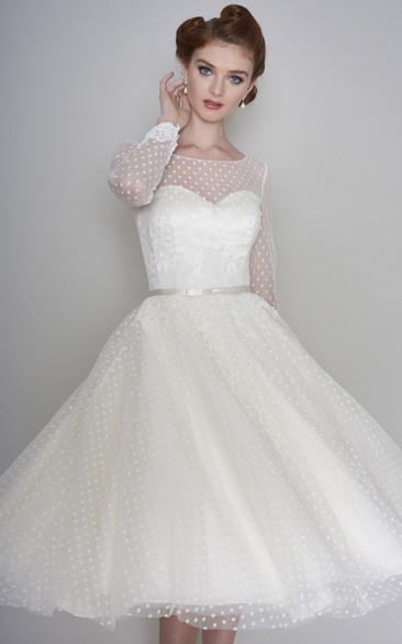 Tea Length Long Sleeve Vintage Illusion Bateau And Sweetheart Tulle Wedding Dress