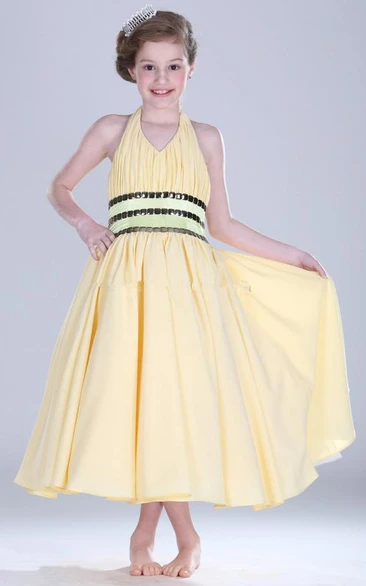Flower Girl Halter Empire Pleated Chiffon Midi Dress With Crystal