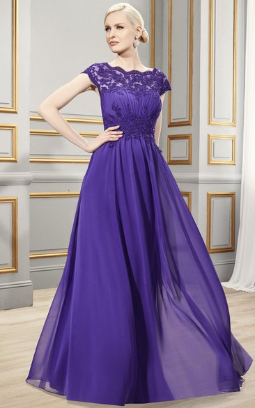 Sheath Bateau-Neck Appliqued Long Cap-Sleeve Chiffon Formal Dress With Ruching