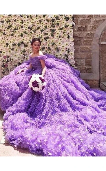 Glamorous Purple Off-the-shoulder Wedding Dress Long Train Flowers