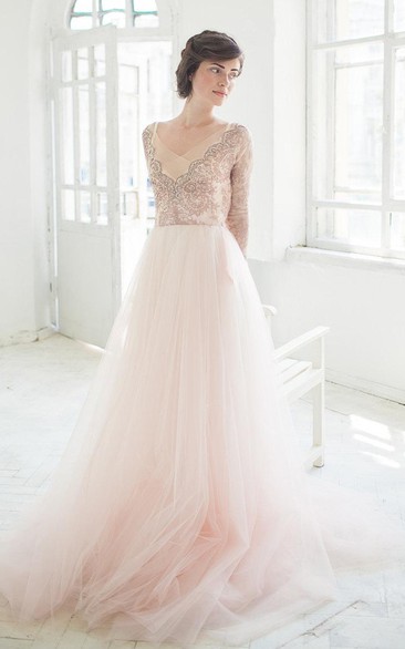 V-Neck Illusion Long Sleeve Tulle A-Line Dress With Beading