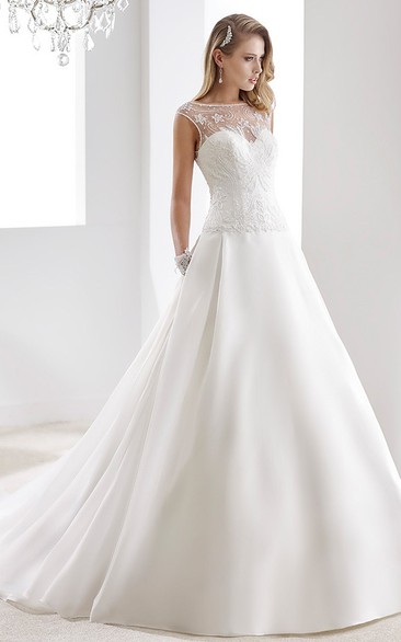 Cap Sleeve A-Line Stain Bridal Gown With Lace Bodice And Illusive Design