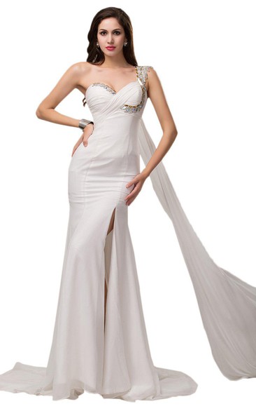 One-shoulder Chiffon Dress With Crystal Detail