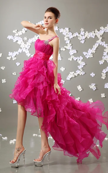 Organza High-Low Dress With Ruffled Skirt and Beading