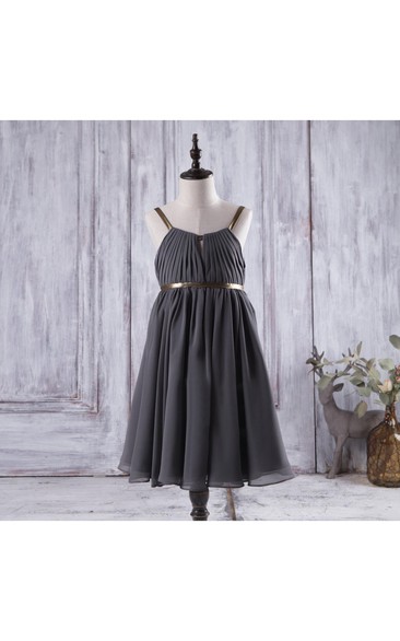 Spaghetti Straps Pleated Chiffon Long Dress With V Back and Keyhole