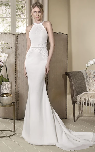 Sheath High-Neck Long Sleeveless Appliqued Wedding Dress With Beading