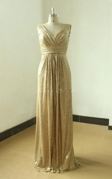 Floor-length Gold Sequined V-neck Gown With Low V Back