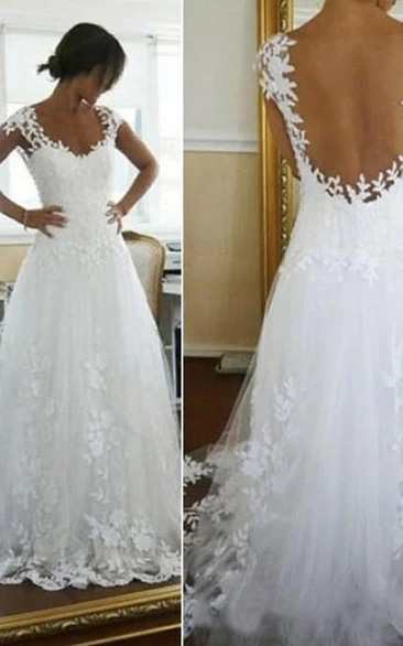 A-line Scoop Applique Chapel Train Lace Wedding Dress