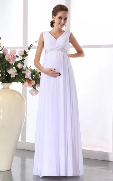 V-Neck Empire Chiffon Maternity Dress With Belted Waist