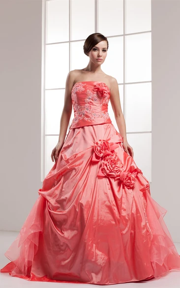 Sleeveless Appliqued Pick-Up Beading and Ball-Gown With Flower