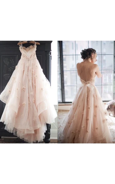 Sexy Spaghetti Sleeveless Tulle Wedding Dress With Flowers