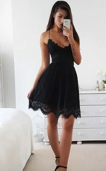 A-line Sleeveless Lace Spaghetti V-neck Open Back Tied Back Short Mini Homecoming Dress