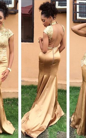 Hot Sale Golden High Neck Evening Dress Lace Appliques