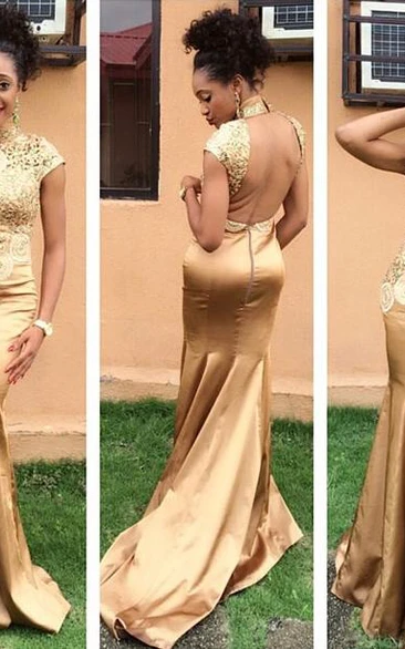 Hot Sale Golden High Neck Evening Dress Lace Appliques