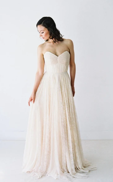 Pleated Lace Sweetheart A-Line Gown With Lace-Up Back