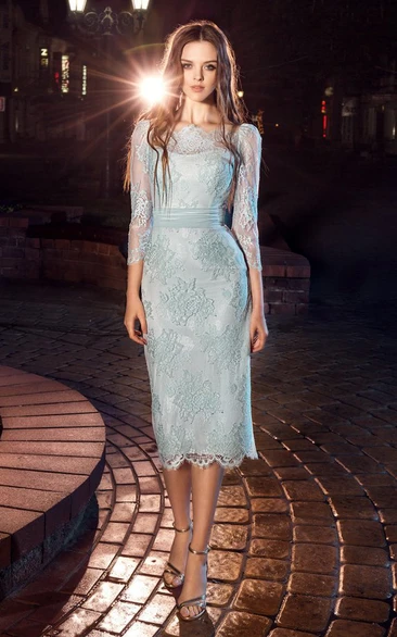 Pencil Tea-Length Bateau 3-4-Sleeve Lace Dress With Appliques