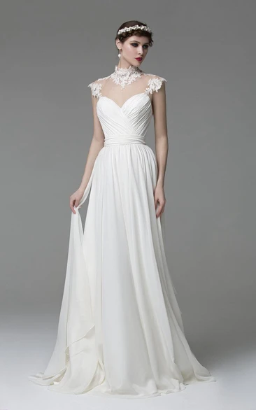 High Neck Chiffon Dress With Lace Top and Keyhole Back