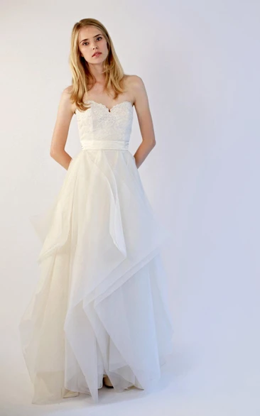 Organza Sweetheart A-Line Dress Wit Lace Bodice and Ruffled Skirt