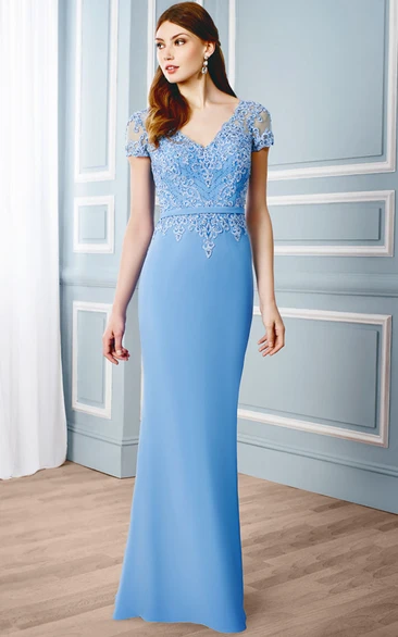 Sheath V-Neck Appliqued Cap Sleeve Chiffon Formal Dress