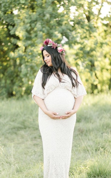 Lace Empire Bat Short Sleeve Scalloped V-neck Maternity Wedding Dress