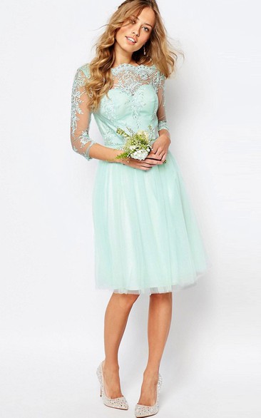 Knee-Length Appliqued Bateau Neck 3-4 Sleeve Tulle Bridesmaid Dress