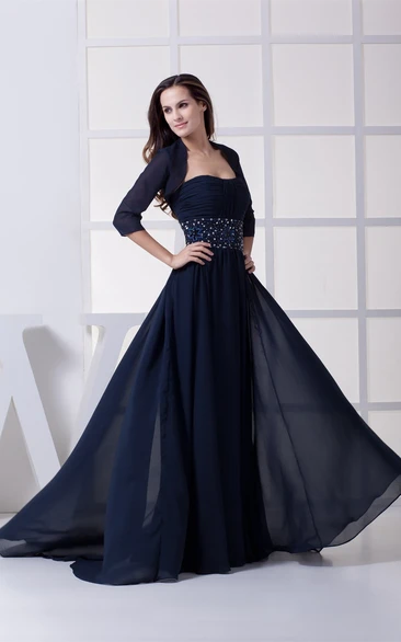 Sleeveless Chiffon Floor-Length Ruched Jeweled Waist and Dress With Bolero