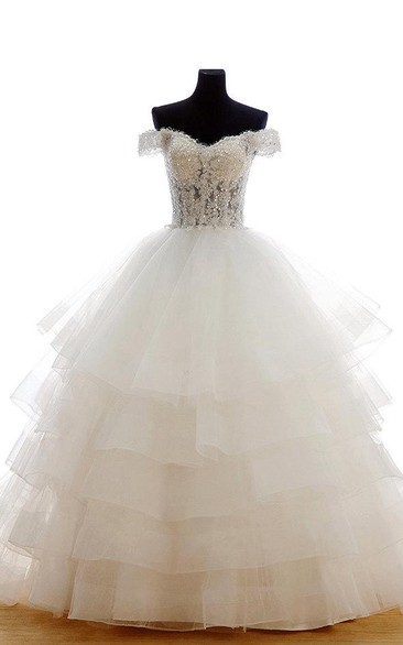 Off-The-Shoulder Tulle Ball Gown With Layered Skirt and Beaded Bodice