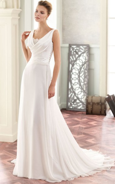 Maxi V-Neck Appliqued Chiffon Wedding Dress With Sweep Train And V Back