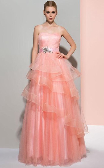 A-Line Strapless Beading Tiered Long Prom Dress