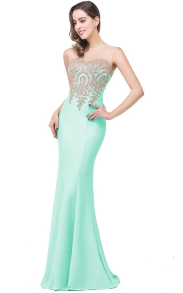 Mermaid Sleeveless Mermaid Satin Lace Appliqued Dress