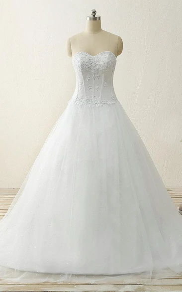 A-Line Ball Gown Floor-Length Straps Sweetheart Beading Appliques Sweep Train Corset Back Straps Tulle Lace Satin Dress