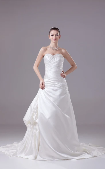 Sweetheart A-Line Jeweled Ruched Satin Gown With Beadings and Ruffles