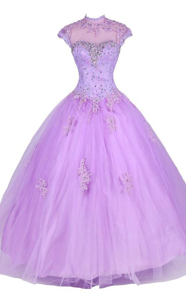 Cap-sleeved A-line Ballgown With Beadings and Illusion