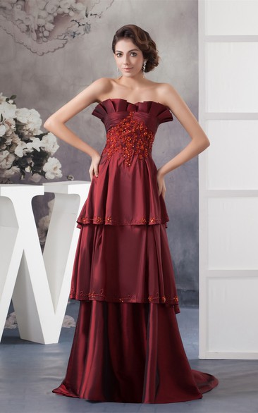 Strapless A-Line Tiered Lace and Gown With Beading