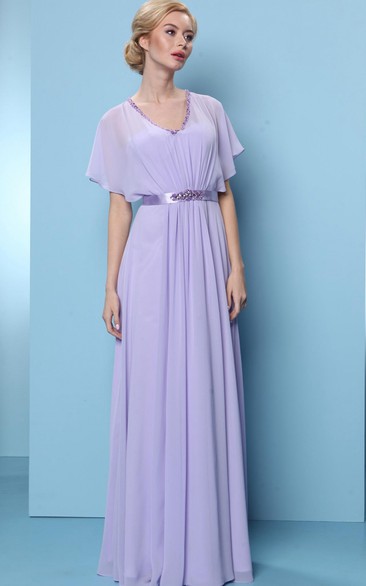 Poet Sleeve V-Neck Beaded Chiffon Bridesmaid Dress