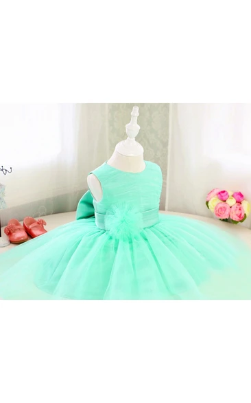 High Neck Sleeveless Empire A-line Tulle Tea Length Dress With Flower Bow