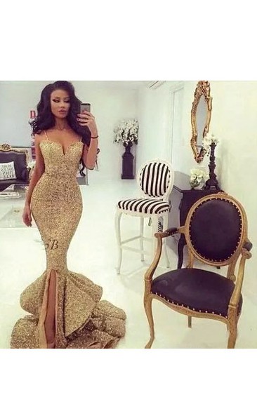 Straps Neck Sweetheart Mermaid Trumpet Sequins Sexy Floor-length Sleeveless Beading Sequins Evening Dress