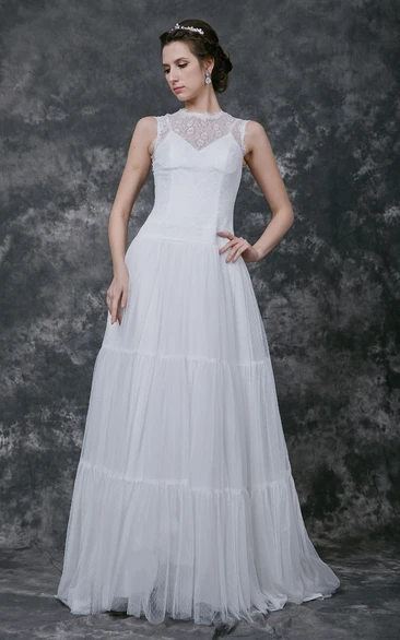 Sleeveless A-line Tulle Gown With Sheer High Neck