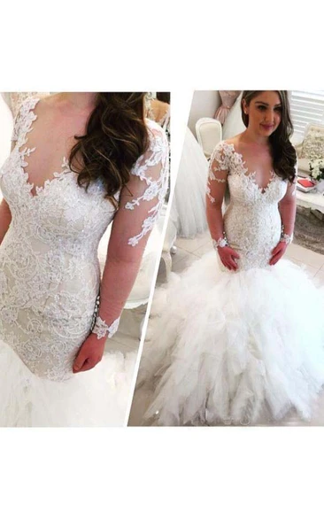 Cascading Ruffles V Neck Long Sleeves Lace Appliques Beaded Elegant Backless Wedding Dress