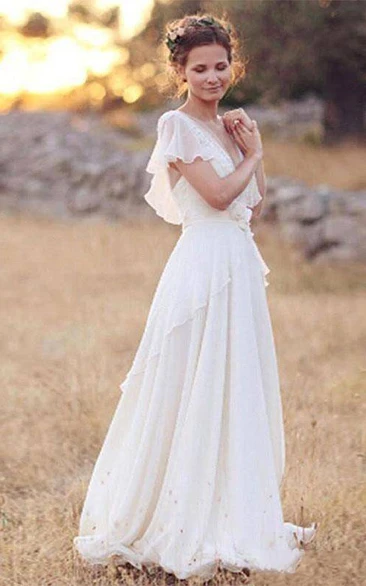 Bohemian Pearls Deep V Neck Backless Flower Beading Sheer Sleeve Pleats Chiffon Wedding Dress