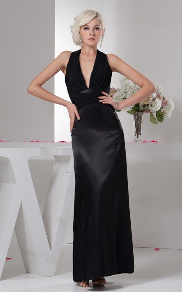 Plunged Ankle-Length Satin Halter and Dress With Ruching