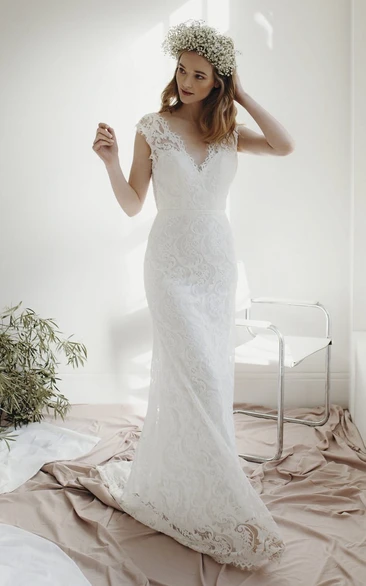 Cap Sleeve Lace Sheath Deep V-neck Wedding Dress With Court Train