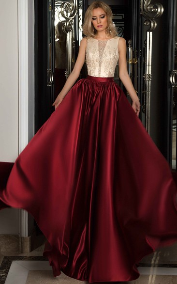 A-Line Lace Sleeveless Scoop Long Satin Prom Dress With Illusion Back And Beading