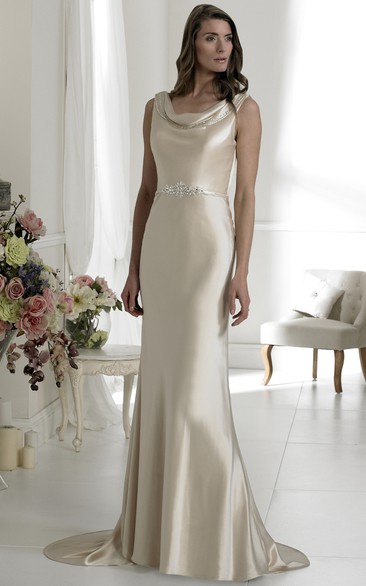 Sheath Cowl-Neck Sleeveless Satin Wedding Dress With Waist Jewellery