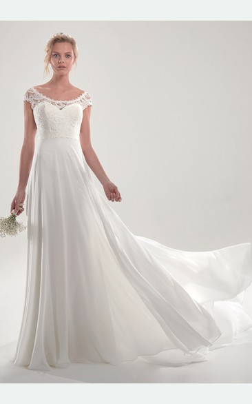 Unique Short Sleeve Chffon Open Back Bridal Gown