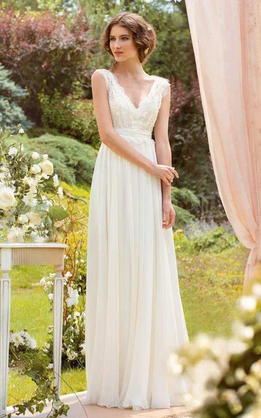 Plunged Sleeveless Chiffon Pleated Wedding Dress With Lace And Bow