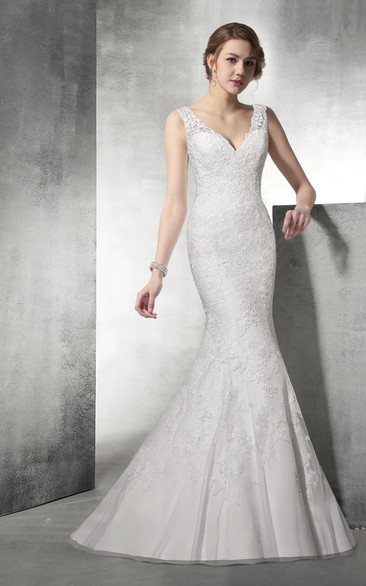 Strapy V Neck Lace Mermaid Wedding Dress With Open Back