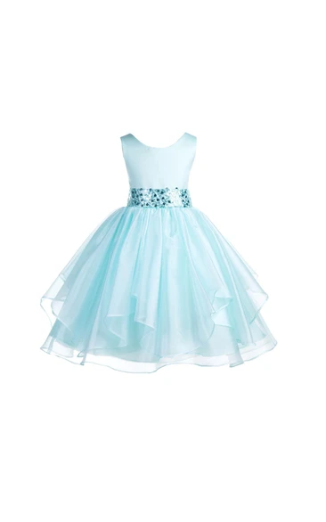 Scoop Neck Sleeveless Layered Organza Ball Gown With Sequined Sash