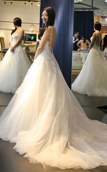 Elegant V Neck Backless Wedding Dresses With Appliques